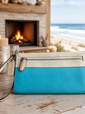 Coach Legacy Color block Wristlet in Robin Blue and Chalk  White